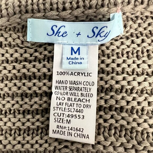 She & Sky Womens V-Neck Long Cuffed Sleeve Open Knit Sweater Stone Medium - Picture 7 of 7